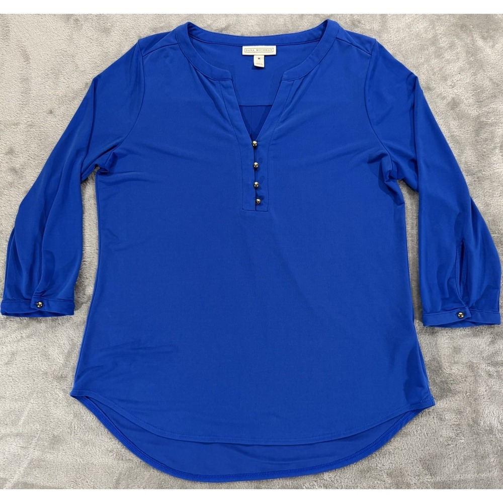 Dana Buchman‎ Shirt Womens M Blue Henley V Neck 3/4 Sleeve High Low Hem Stretch